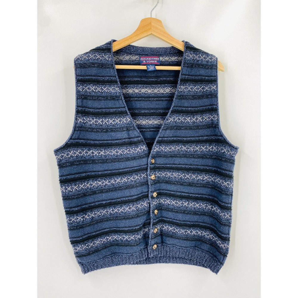 Vintage Sweater Vest Mens M Blue Fair Isle Knit Button Front